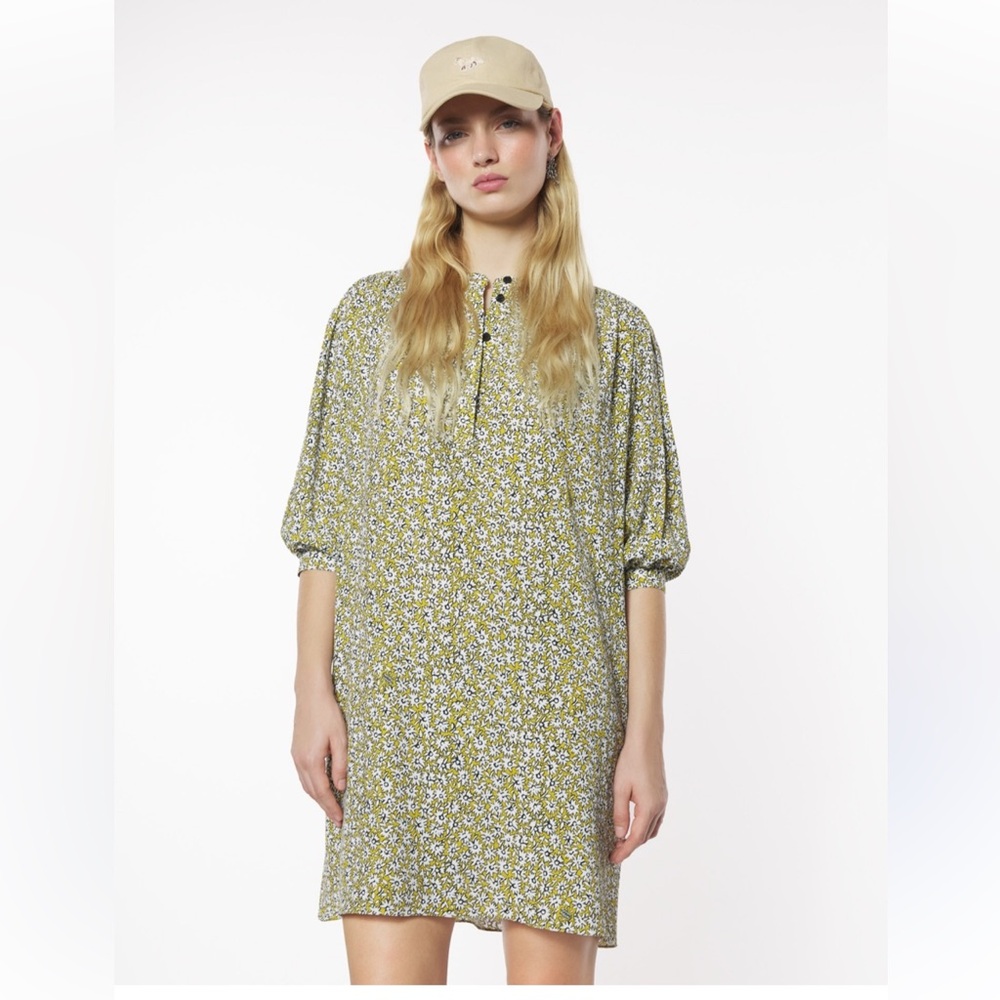 Maison Kitsune Floral Button-Up Dress with Puff Sleeves